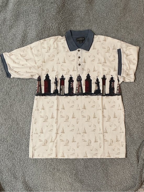 Other - Classic Nautical Print Polo Shirt - Off-White with Navy Collar